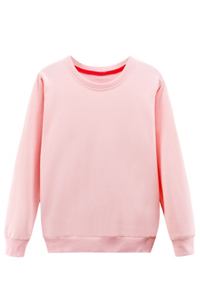 Korean Style Round Neck Long Sleeve Pullover Plain Cotton Sweatshirt