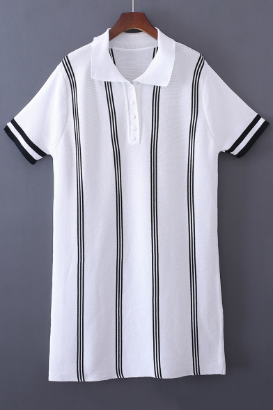 Lapel Collar Buttons Down Short Sleeve Striped Print Mini Shift T-Shirt Dress