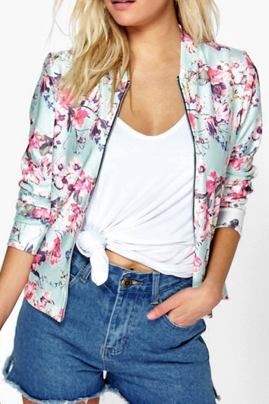 New Arrival Chic Floral Pattern Zip Up Long Sleeve Baseball Jacket