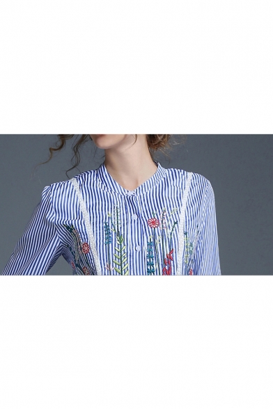 New Arrival Fashion Floral Embroidered Striped Printed Buttons Down Midi Shirt Dress