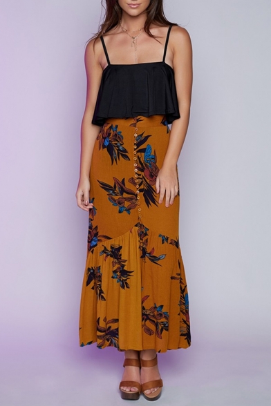 New Arrival Holiday Floral Printed Fashion Buttons Down Maxi Skirt