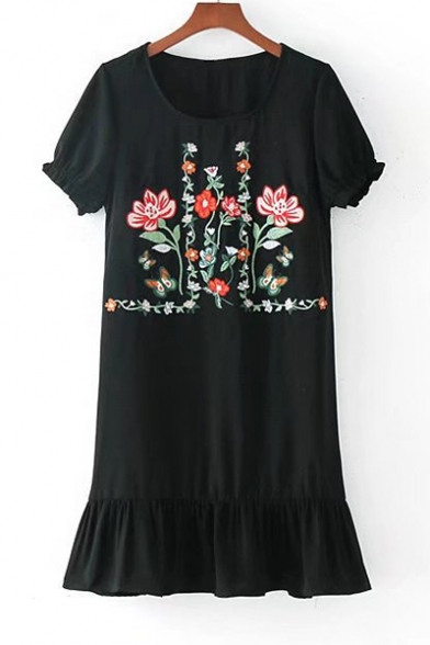 Women's Embroidery Floral Pattern Ruffle Hem Short Sleeve Round Neck T-Shirt Dress