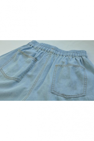 Chic Sweetheart Embroidered Elastic Waist Loose Denim Shorts