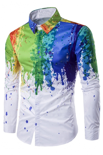 Fashion 3D Splash-Ink Printed Lapel Collar Long Sleeve Buttons Down Shirt