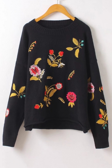 Fashion Floral Embroidered Round Neck Long Sleeve Pullover Comfort Sweater