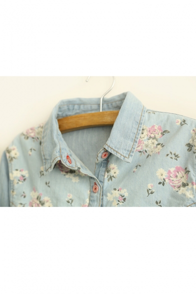 Floral Printed Fashion Long Sleeve Lapel Collar Buttons Down Chambray Shirt