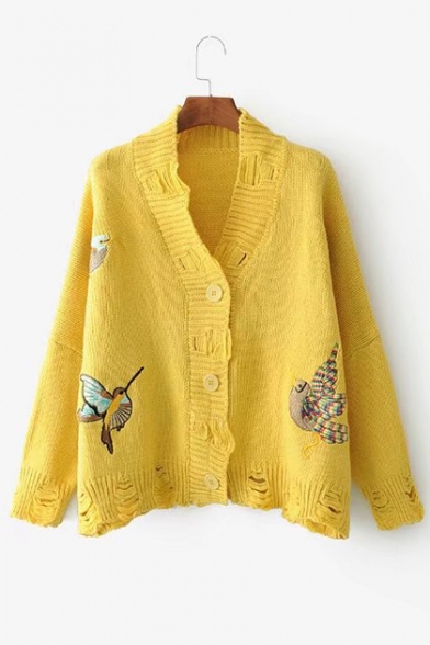 Flying Birds Embroidered Chic Hollow Out Long Sleeve Buttons Down Cardigan