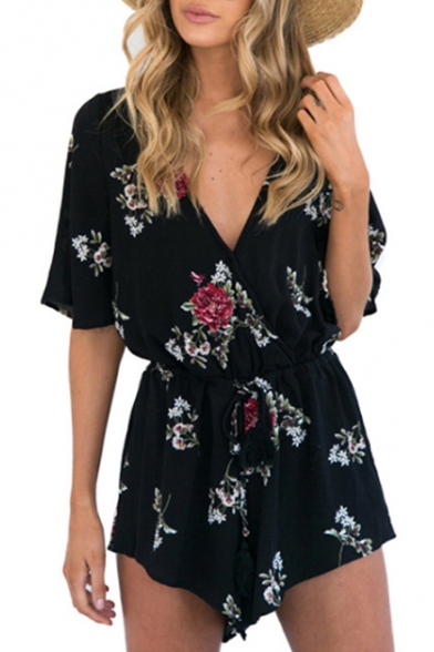 Holiday Beach Sexy Plunge Neck Short Sleeve Floral Printed Rompers