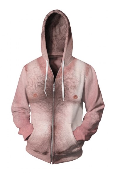Hot Fashion Digital Hairy Chest Pattern Long Sleeve Zip Up Hoodie