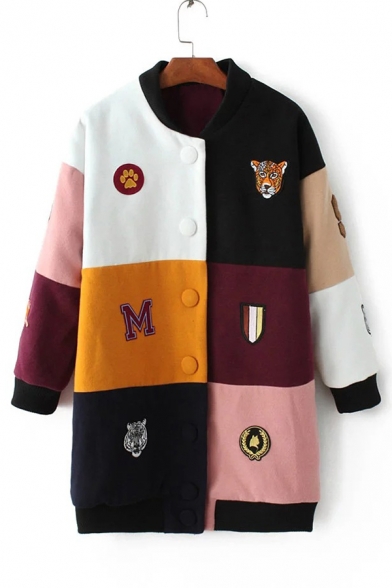 New Arrival Fashion Color Block Cartoon Letter Embroidered Long Sleeve Tunic Coat