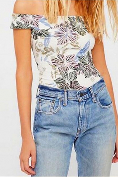 Sexy Off The Shoulder Short Sleeve Floral Printed One Piece Swimwear