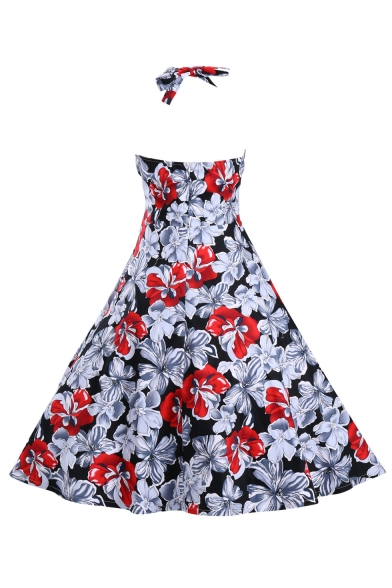Stylish Retro Halter Neck Sleeveless Chic Floral Pattern Midi Flared Dress