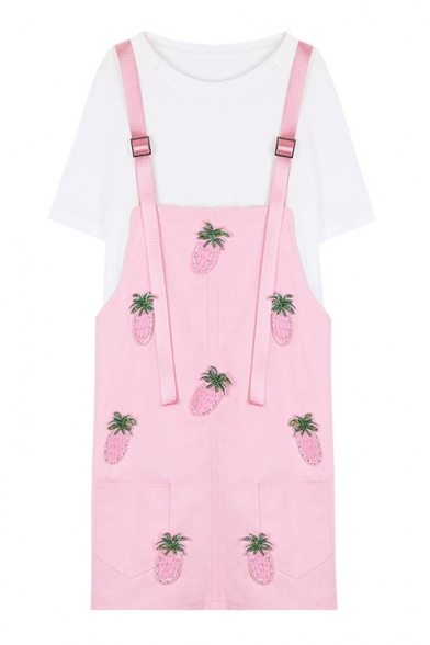 Summer's Basic Simple Round Neck Short Sleeve T-Shirt with Pineapple Print Overall Dress