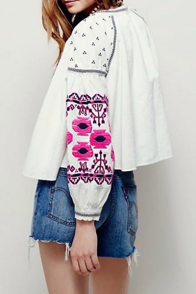 Tribal Printed Chic Floral Embroidered Long Sleeve Lace-Up Front Coat