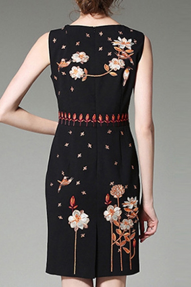 Chic Floral Embroidered Round Neck Sleeveless Midi Pencil Tank Dress