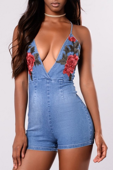 Chic Floral Embroidered Spaghetti Straps Backless Tight Denim Rompers
