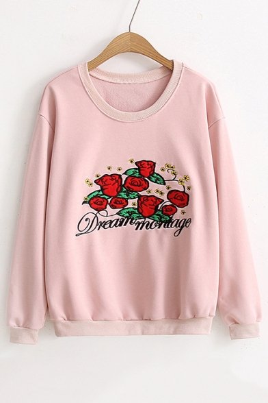 Chic Rose Embroidered Long Sleeve Round Neck Pullover Casual Sweatshirt