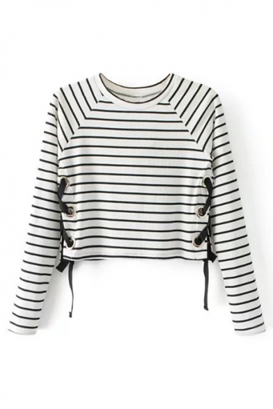 Grommet Lace-Up Side Round Neck Long Sleeve Striped Printed Cropped Sweater