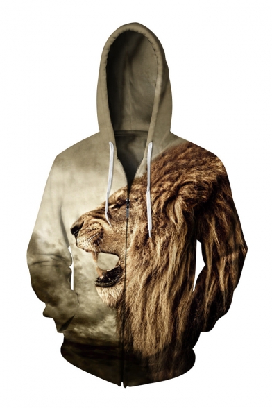 Hot Fashion 3D Lion Pattern Zip Up Long Sleeve Unisex Leisure Hoodie
