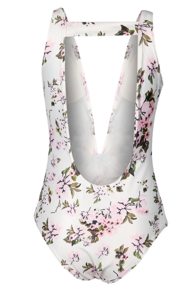 Hot Fashion Floral Printed Plunge Neck Sleeveless One Piece Swimwear