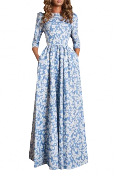 Hot Fashion Round Neck 3/4 Sleeve Floral Printed Maxi A-line Tea Dress