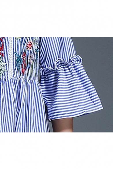 New Arrival Fashion Floral Embroidered Striped Printed Buttons Down Midi Shirt Dress