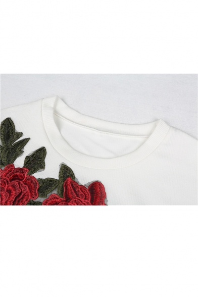 New Collection Chic Floral Embroidered Round Neck Long Sleeve Cropped Sweatshirt