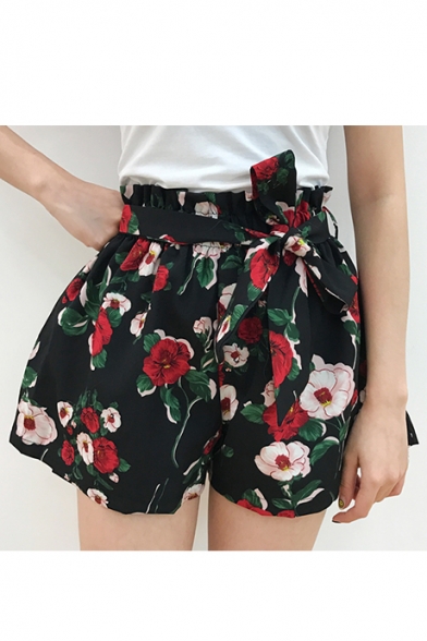 Retro Floral Pattern Elastic Waist High Rise Wide Legs Shorts