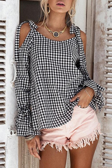Summer's Classic Plaids Printed Cold Shoulder Long Sleeve Leisure Blouse