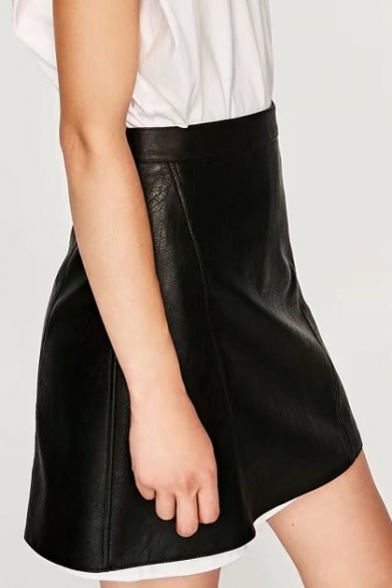 Women's Fashion Zip Side Plain Mini PU A-Line Skirt