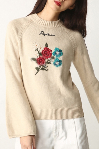 Basic Simple Floral Letter Embroidered Round Neck Long Sleeve Pullover Sweater