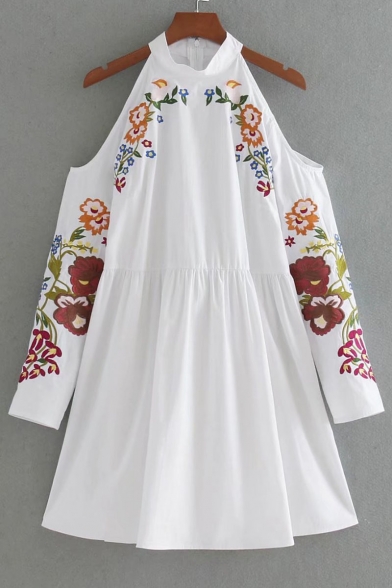 Chic Floral Embroidered Round Neck Cold Shoulder Long Sleeve Swing Mini Dress