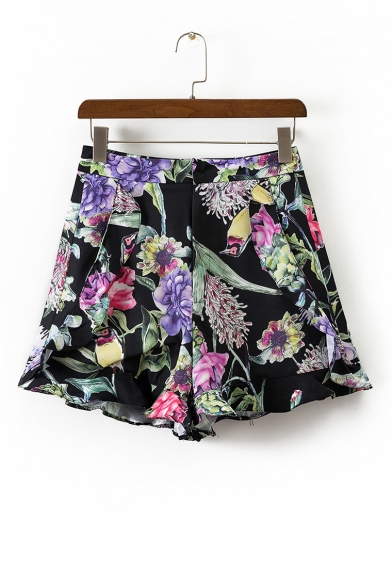 Chic Floral Pattern Ruffle Hem Casual Loose Holiday Beach Shorts