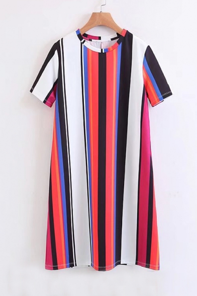Fashion Color Block Striped Printed Round Neck Short Sleeve Mini T-Shirt Dress