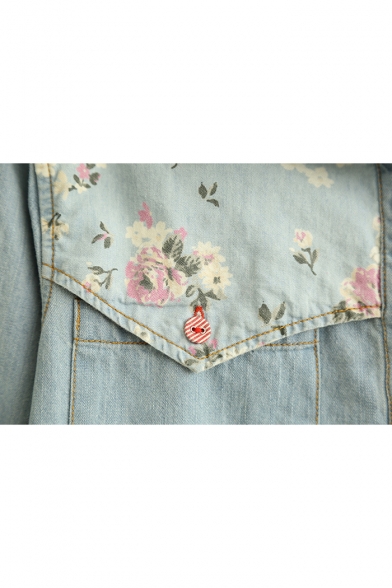 Floral Printed Fashion Long Sleeve Lapel Collar Buttons Down Chambray Shirt