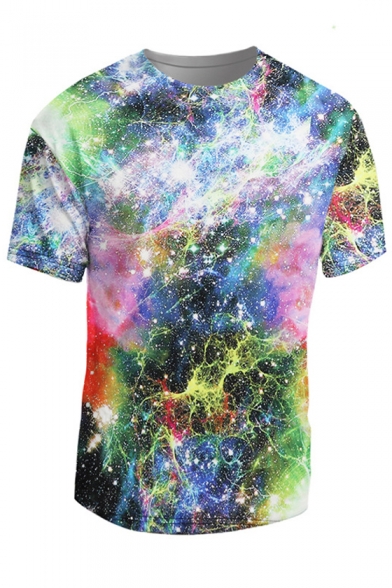 Hot Fashion 3D Colorful Galaxy Printed Round Neck Short Sleeve Leisure T-Shirt