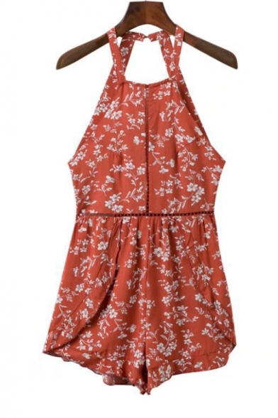 Summer's Fresh Floral Printed Halter Neck Sexy Open Back Casual Rompers