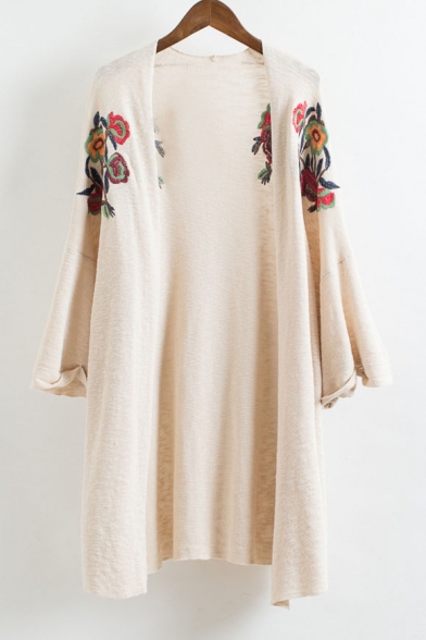 Symmetrical Floral Embroidered Long Sleeve Open Front Comfort Knit Cardigan
