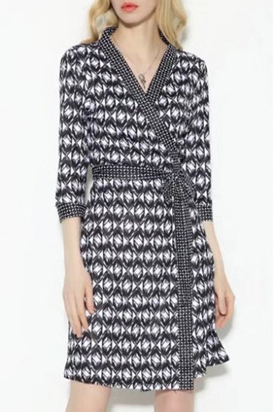 Black&White Plaids Printed V Neck 3/4 Sleeve Chic Mini Wrap Dress