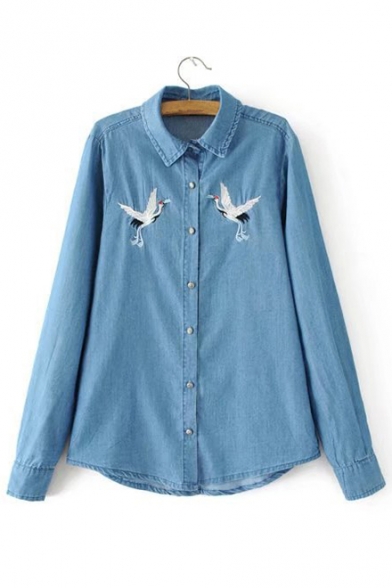 Chic Crane Embroidered Long Sleeve Lapel Collar Buttons Down Chambray Shirt
