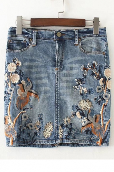 Chic Floral Birds Embroidered Mini Bodycon Summer's Denim Skirt