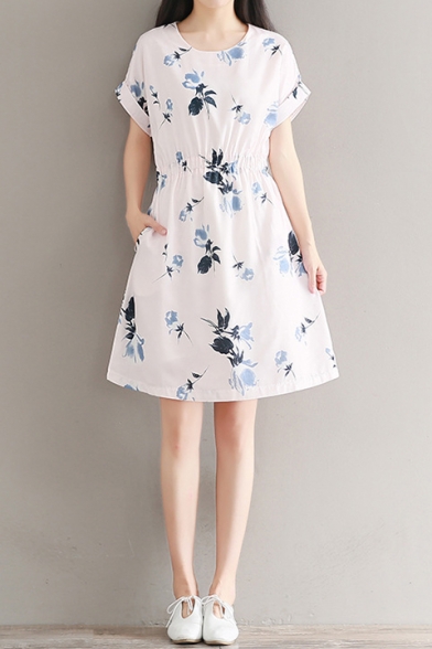 Floral Pattern Short Sleeve Round Neck Casual Leisure Midi A-Line Dress