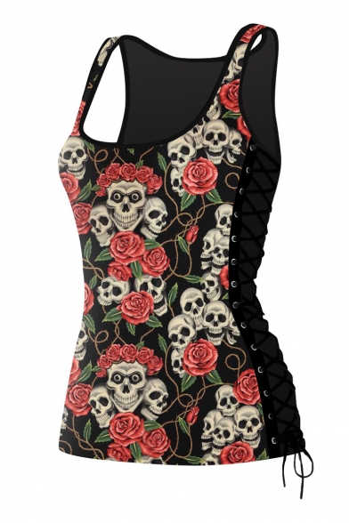 Hot Fashion Lace-Up Side Scoop Neck Sleeveless Floral Skull Printed Tank