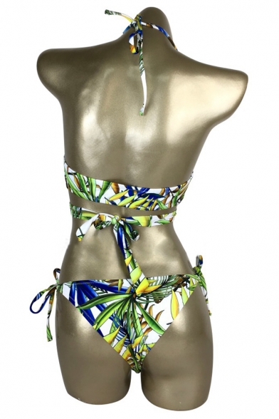 Hot Fashion Summer's Floral Printed Halter Neck String Bottom Bikini Swimwear
