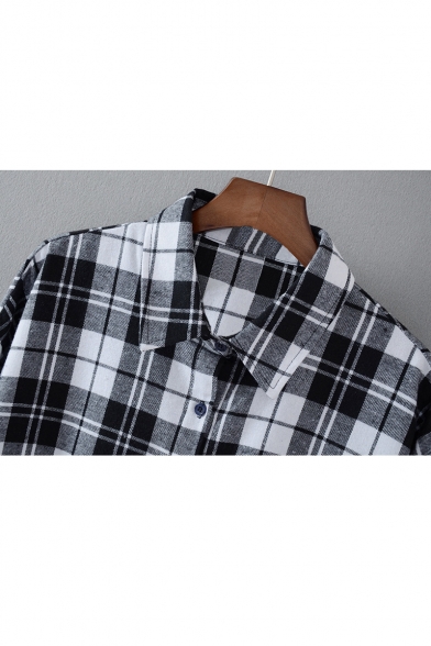 Loose Lapel Single Breasted Plaid Color Block Tunic Shirt