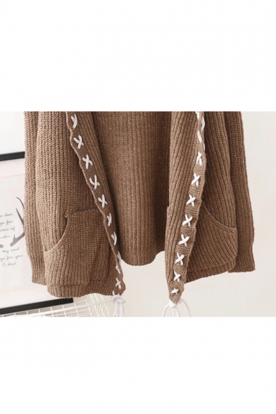New Arrival Long Sleeve Hooded Open Front Plain Knit Cardigan with Pockets