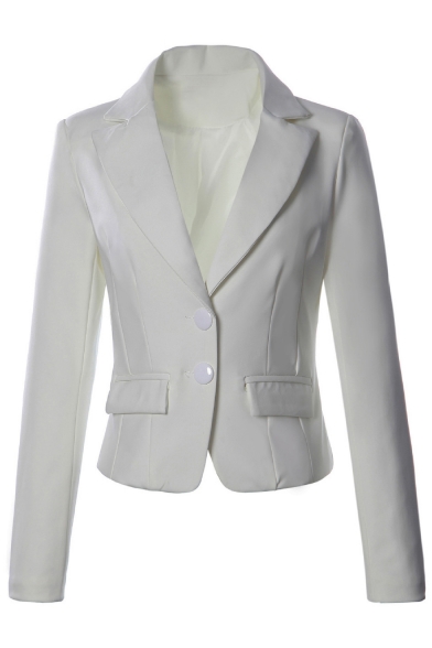 New Trendy Notched Lapel Long Sleeve Simple Plain Fitted Blazer with Double Buttons