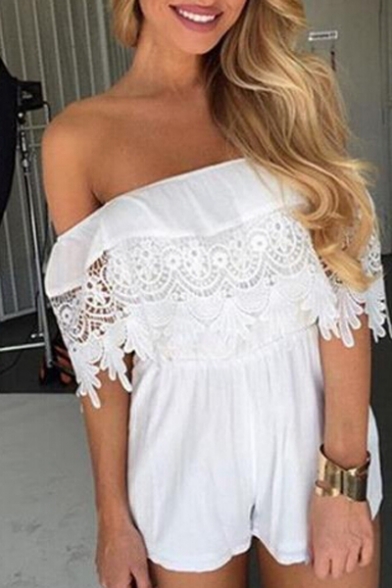 Off The Shoulder Chic Lace Inserted Holiday Beach Plain Loose Rompers