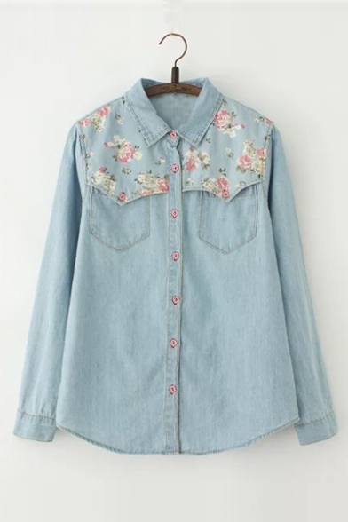 Summer's Floral Pattern Long Sleeve Lapel Collar Buttons Down Chambray Shirt