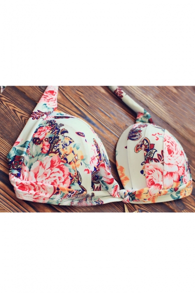 Summer's Floral Printed Halter Neck Push Up High Waist Bottom Bikini Swimwear